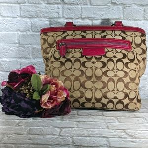 Coach Signature Tan and Berry Small Tote Bag
